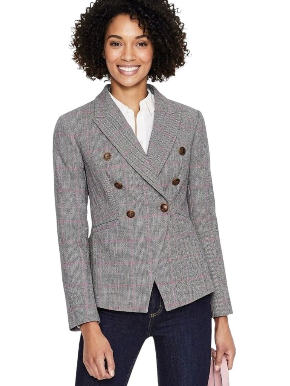 Boden Addlestone Double Breasted Blazer Gray Pink Plaid Wool Silk Blend Size 8